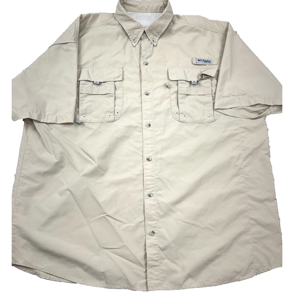Columbia PFG Shirt Men XL Tan Khaki Button Up Performance Fishing Outdoor Camp J